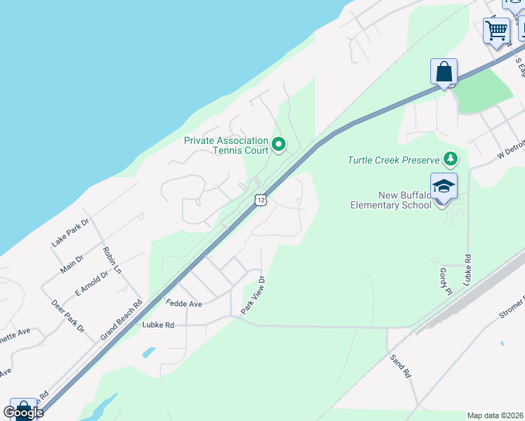 map of restaurants, bars, coffee shops, grocery stores, and more near 18690 Old Field Road in New Buffalo