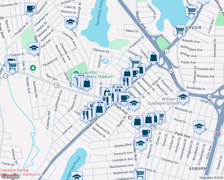 map of restaurants, bars, coffee shops, grocery stores, and more near 134 High School Avenue in Cranston