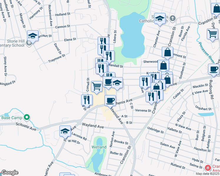 map of restaurants, bars, coffee shops, grocery stores, and more near 235 Atwood Avenue in Cranston