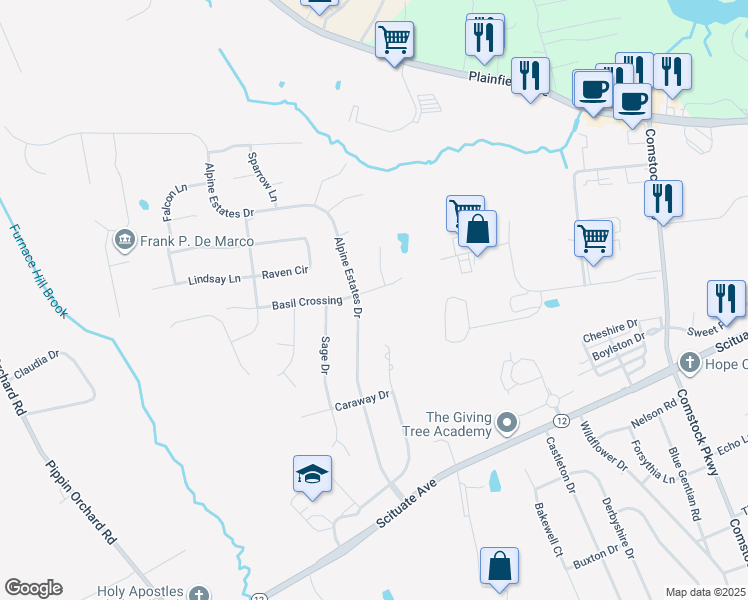 map of restaurants, bars, coffee shops, grocery stores, and more near 22 Basil Crossing in Cranston