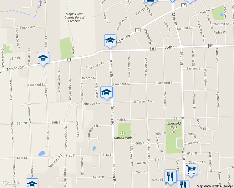 map of restaurants, bars, coffee shops, grocery stores, and more near 5729 Dunham Road in Downers Grove
