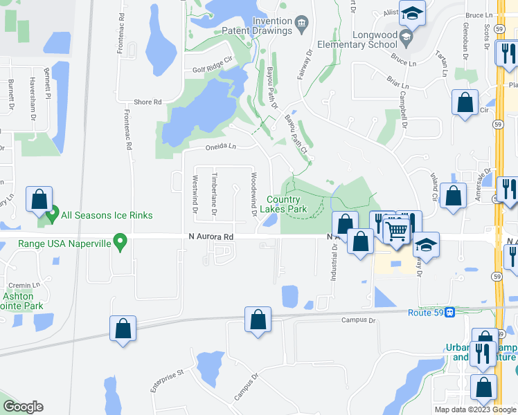 map of restaurants, bars, coffee shops, grocery stores, and more near 718 Woodewind Drive in Naperville