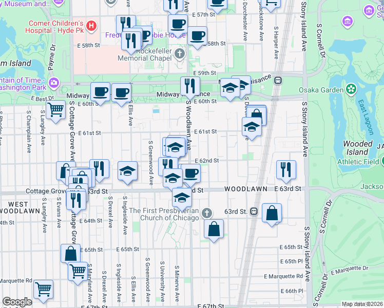 map of restaurants, bars, coffee shops, grocery stores, and more near 1210 East 62nd Street in Chicago
