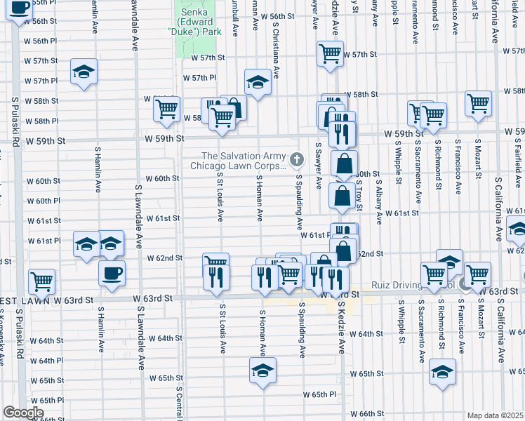 map of restaurants, bars, coffee shops, grocery stores, and more near 3354 West 61st Street in Chicago