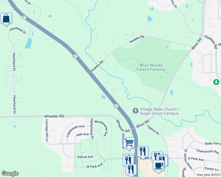 map of restaurants, bars, coffee shops, grocery stores, and more near 5S841 Illinois 47 in Sugar Grove