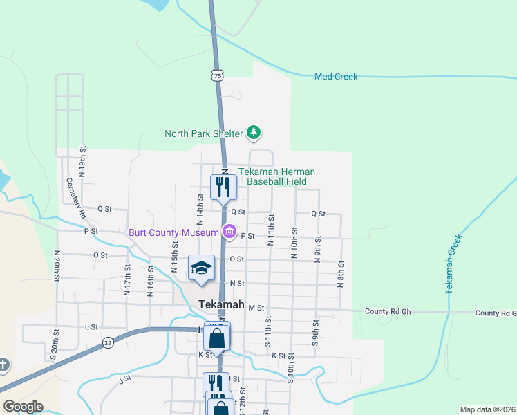 map of restaurants, bars, coffee shops, grocery stores, and more near 1110 Q Street in Tekamah