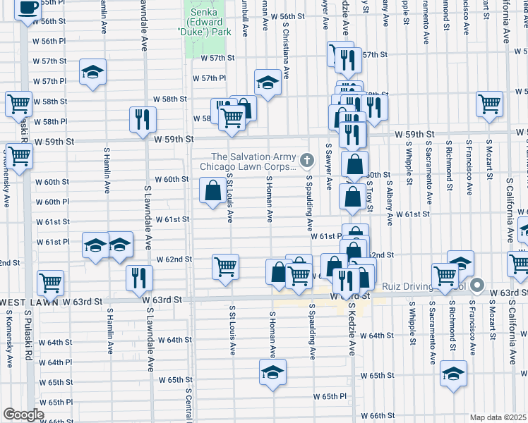 map of restaurants, bars, coffee shops, grocery stores, and more near 3354 West 61st Street in Chicago