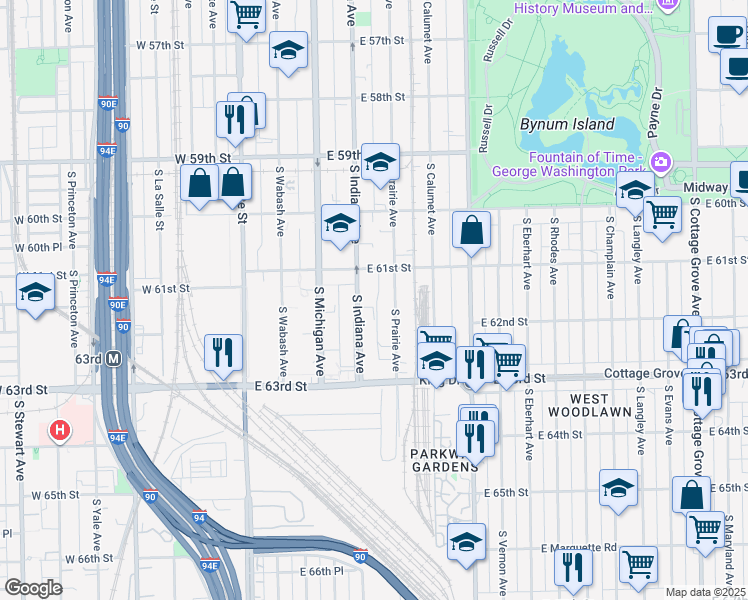 map of restaurants, bars, coffee shops, grocery stores, and more near 6146 South Prairie Avenue in Chicago
