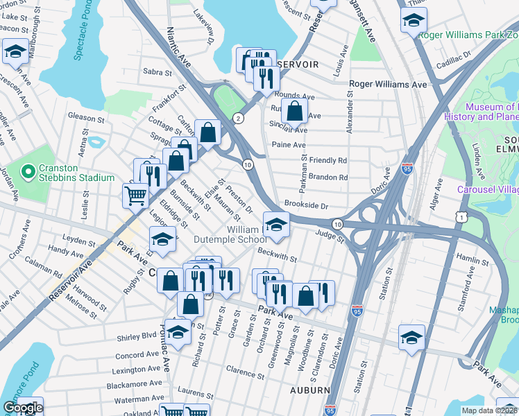 map of restaurants, bars, coffee shops, grocery stores, and more near 20 Beacon Circle in Cranston