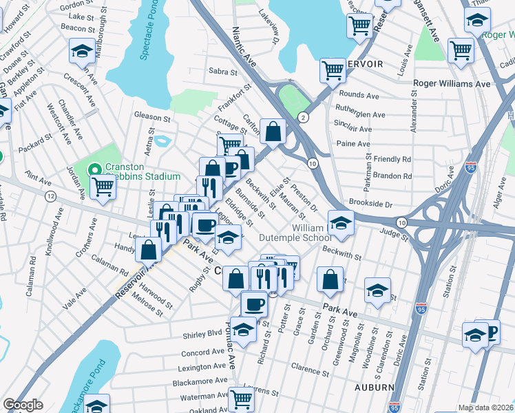 map of restaurants, bars, coffee shops, grocery stores, and more near 150 Elsie Street in Cranston