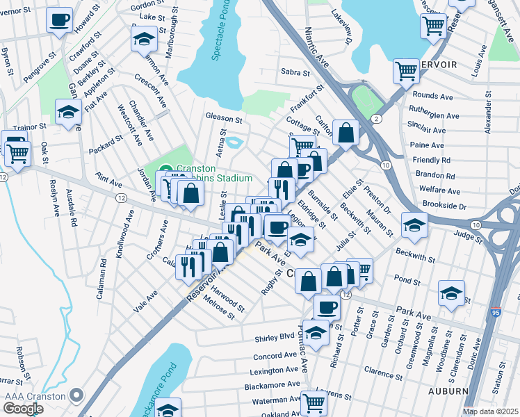 map of restaurants, bars, coffee shops, grocery stores, and more near 134 High School Avenue in Cranston