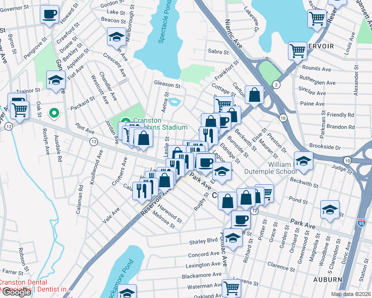 map of restaurants, bars, coffee shops, grocery stores, and more near 134 High School Avenue in Cranston