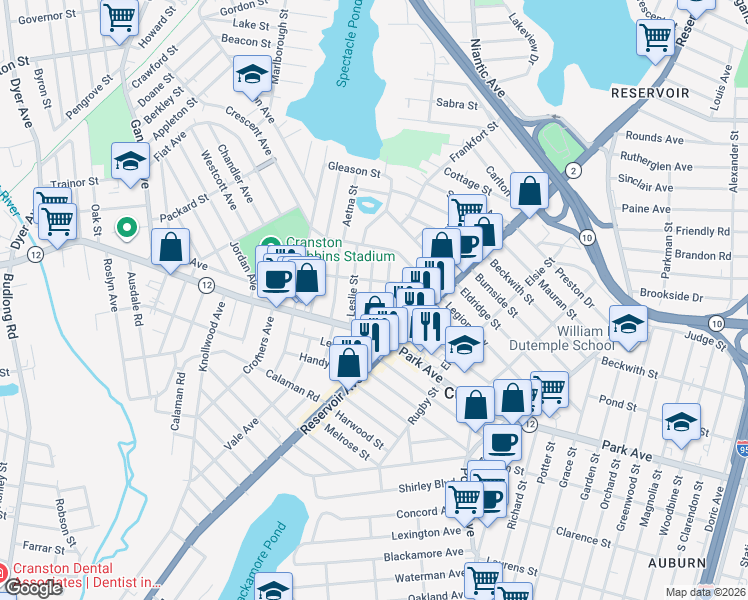 map of restaurants, bars, coffee shops, grocery stores, and more near 25 Pershing Street in Cranston