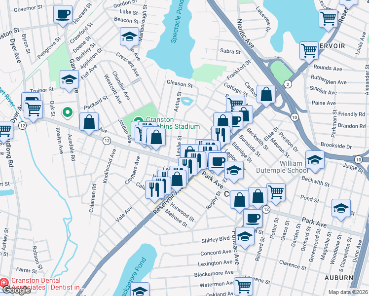 map of restaurants, bars, coffee shops, grocery stores, and more near 25 Pershing Street in Cranston
