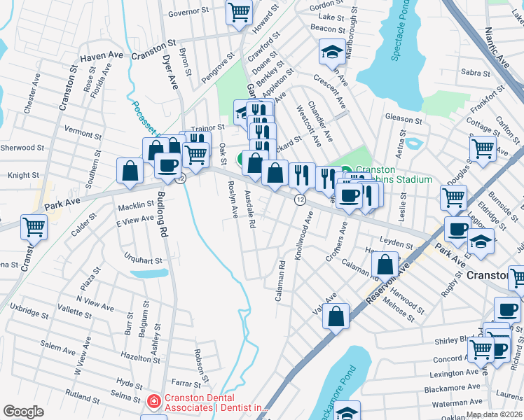 map of restaurants, bars, coffee shops, grocery stores, and more near 94 Garland Avenue in Cranston