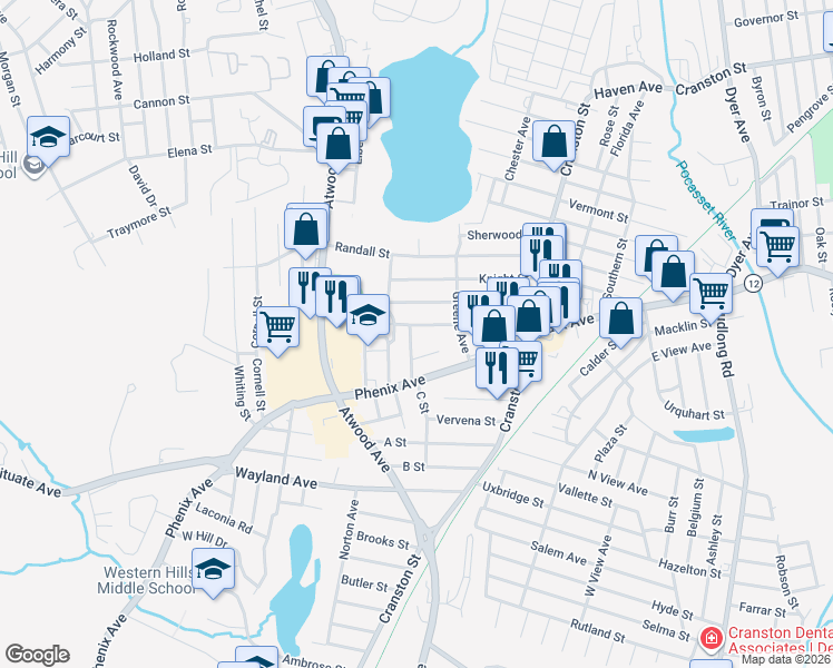 map of restaurants, bars, coffee shops, grocery stores, and more near 35 Belcrest Road in Cranston