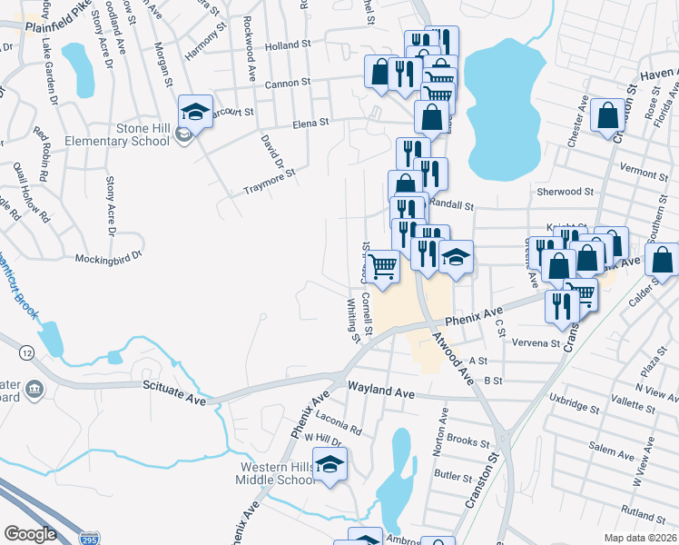 map of restaurants, bars, coffee shops, grocery stores, and more near 187 Whiting Street in Cranston