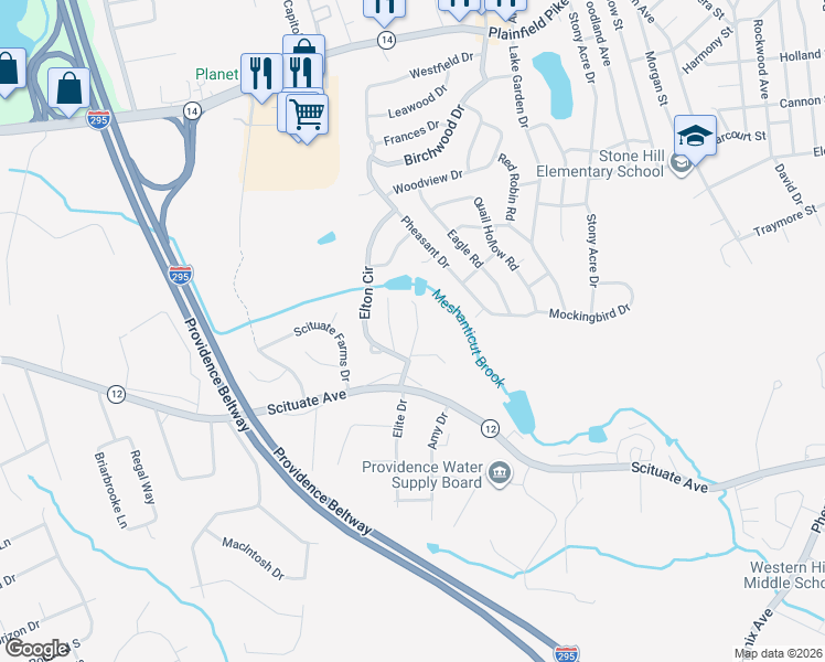 map of restaurants, bars, coffee shops, grocery stores, and more near 40 Arrow Way in Cranston