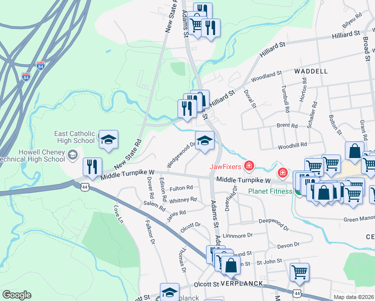 map of restaurants, bars, coffee shops, grocery stores, and more near 45 Wedgewood Drive in Manchester