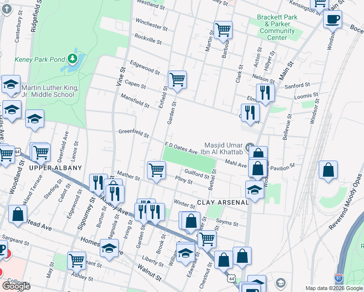 map of restaurants, bars, coffee shops, grocery stores, and more near 103-199 F D Oates Ave in Hartford