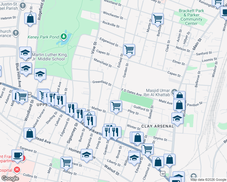 map of restaurants, bars, coffee shops, grocery stores, and more near 57 Enfield Street in Hartford