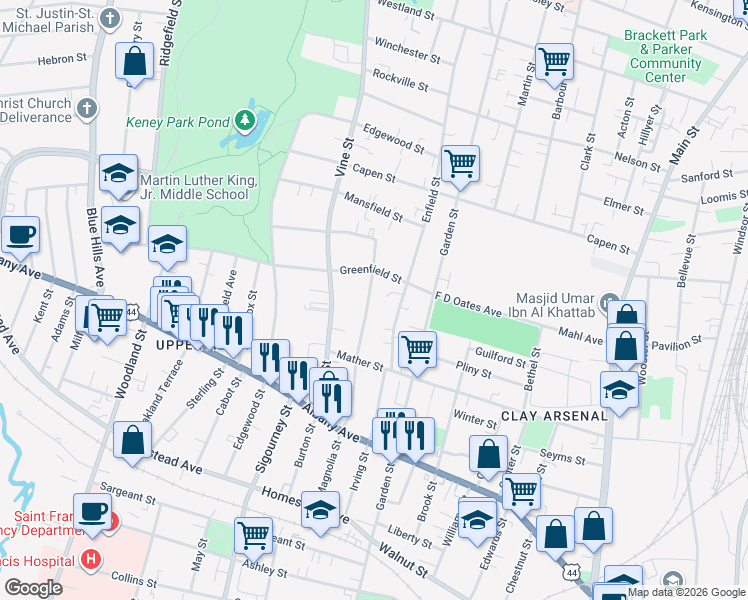 map of restaurants, bars, coffee shops, grocery stores, and more near 104 Vine Street in Hartford