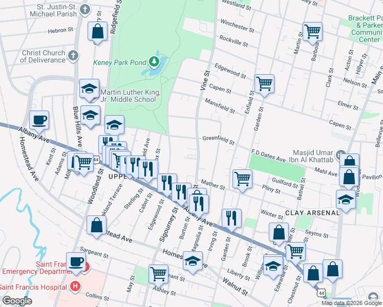 map of restaurants, bars, coffee shops, grocery stores, and more near 95 Vine Street in Hartford