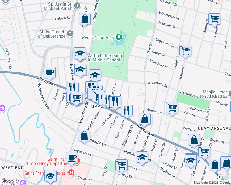 map of restaurants, bars, coffee shops, grocery stores, and more near 31 Deerfield Avenue in Hartford