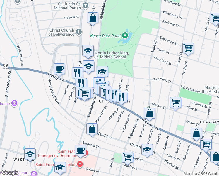 map of restaurants, bars, coffee shops, grocery stores, and more near 121 Oakland Terrace in Hartford