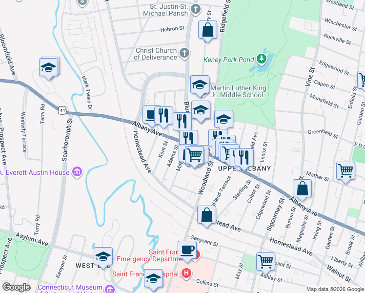 map of restaurants, bars, coffee shops, grocery stores, and more near 75 Milford Street in Hartford