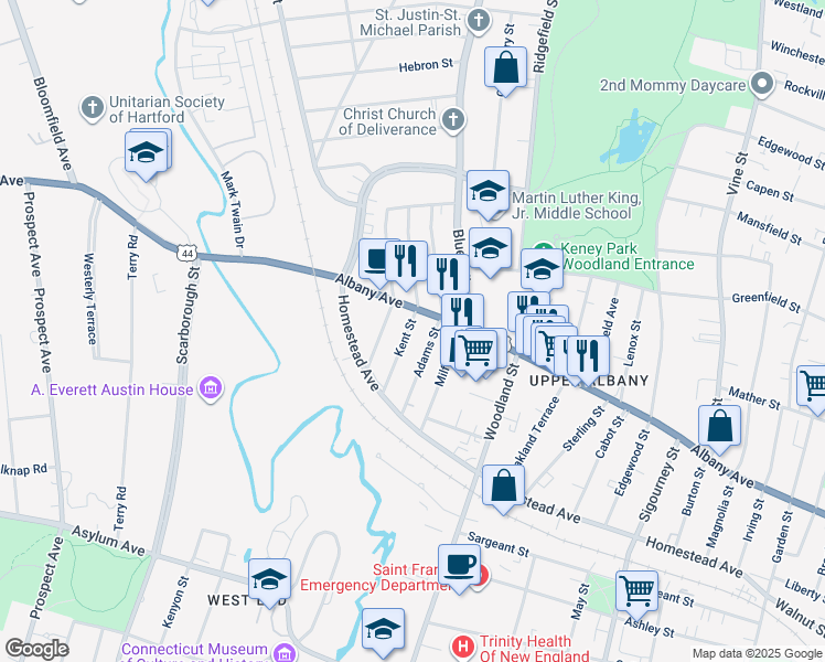 map of restaurants, bars, coffee shops, grocery stores, and more near 50 Kent Street in Hartford