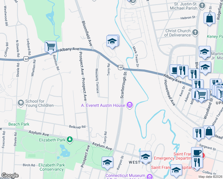 map of restaurants, bars, coffee shops, grocery stores, and more near 174 Terry Road in Hartford