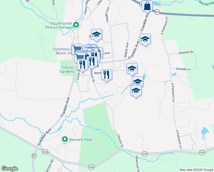 map of restaurants, bars, coffee shops, grocery stores, and more near 10 Alden Place in Millbrook
