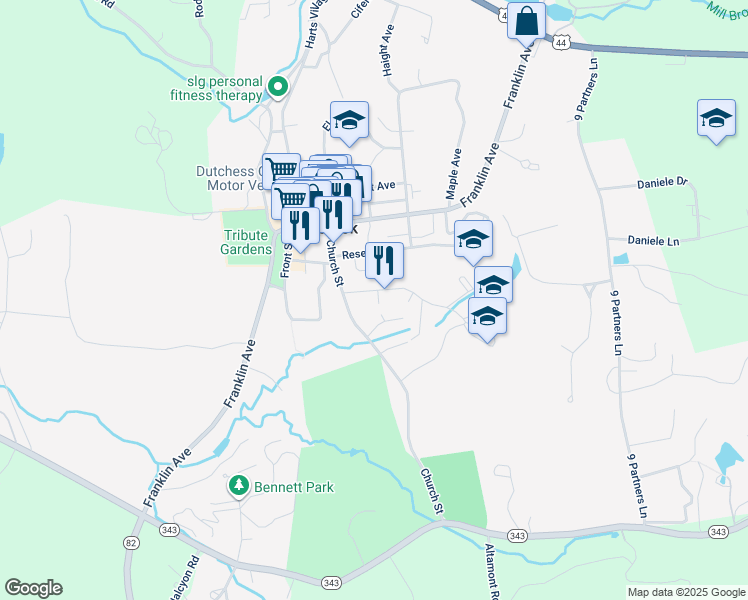 map of restaurants, bars, coffee shops, grocery stores, and more near 10 Alden Place in Millbrook