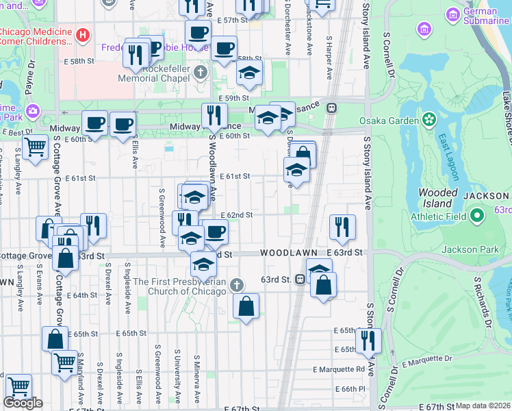 map of restaurants, bars, coffee shops, grocery stores, and more near 1314 East 62nd Street in Chicago
