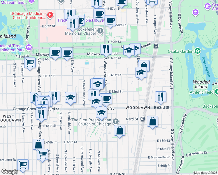 map of restaurants, bars, coffee shops, grocery stores, and more near 1210 East 62nd Street in Chicago