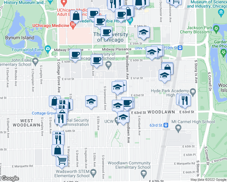 map of restaurants, bars, coffee shops, grocery stores, and more near 1126 East 62nd Street in Chicago