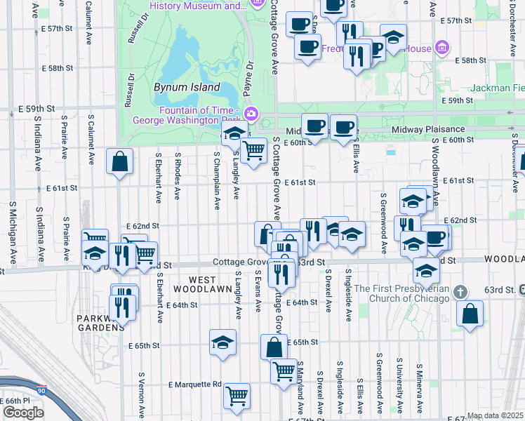 map of restaurants, bars, coffee shops, grocery stores, and more near 6154 South Evans Avenue in Chicago