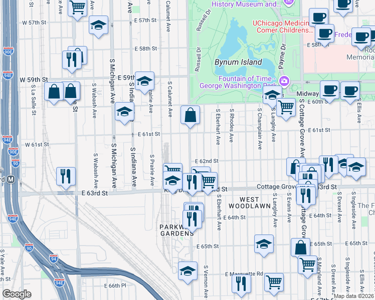 map of restaurants, bars, coffee shops, grocery stores, and more near 6251 South Calumet Avenue in Chicago
