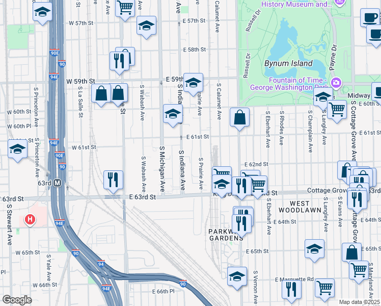 map of restaurants, bars, coffee shops, grocery stores, and more near 6146 South Prairie Avenue in Chicago