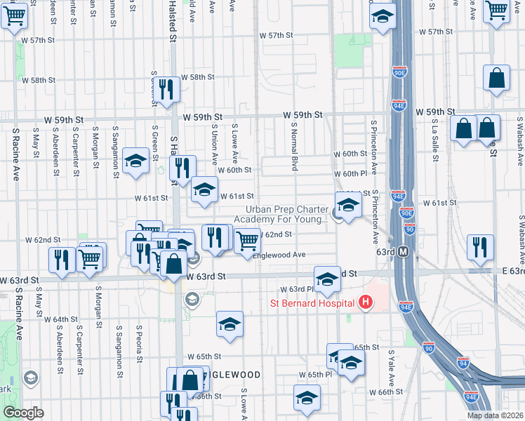 map of restaurants, bars, coffee shops, grocery stores, and more near 537 West 61st Place in Chicago