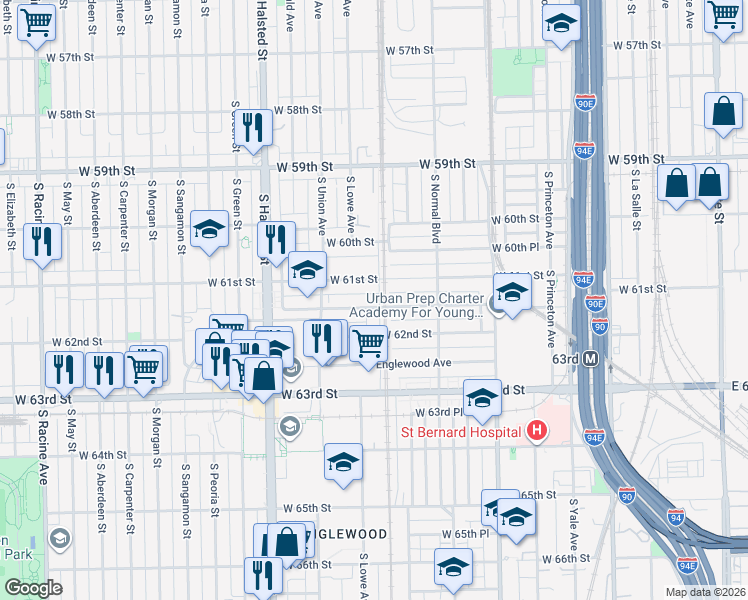 map of restaurants, bars, coffee shops, grocery stores, and more near 611 West 61st Place in Chicago