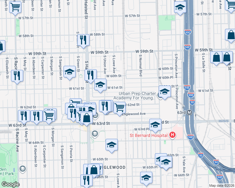 map of restaurants, bars, coffee shops, grocery stores, and more near 611 West 61st Place in Chicago