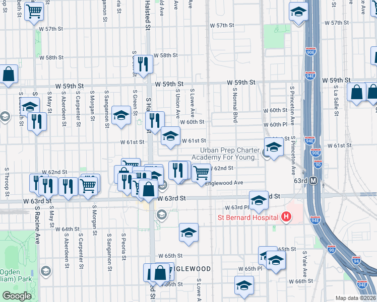 map of restaurants, bars, coffee shops, grocery stores, and more near 651 West 61st Place in Chicago