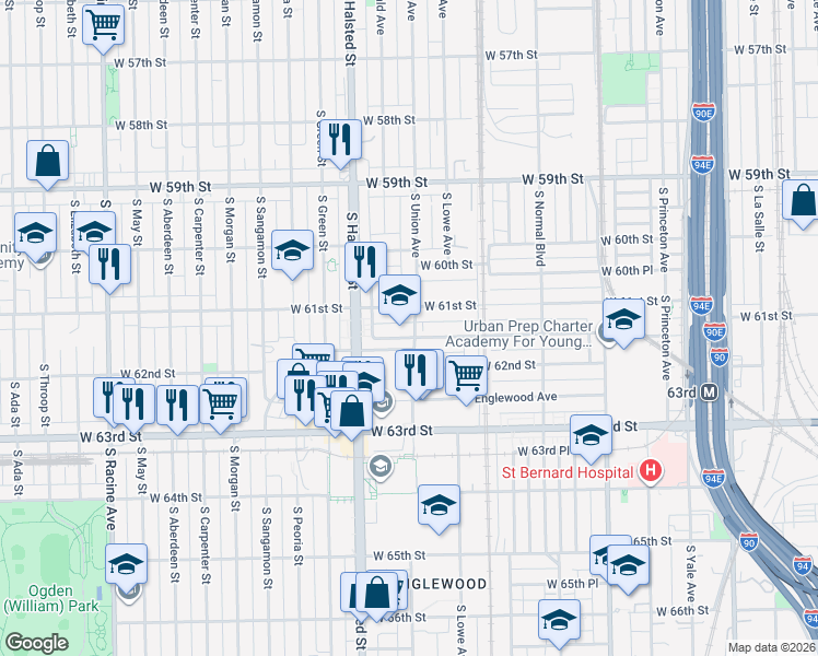 map of restaurants, bars, coffee shops, grocery stores, and more near 720 West 61st Place in Chicago