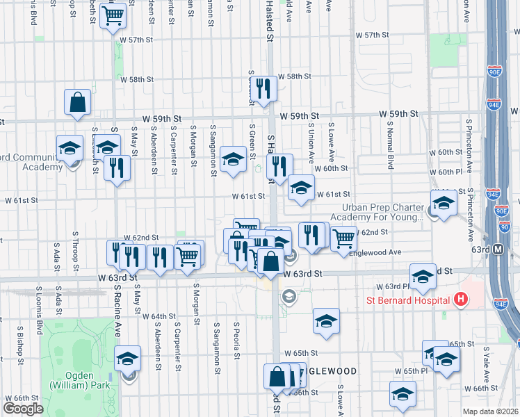 map of restaurants, bars, coffee shops, grocery stores, and more near 6128 South Halsted Street in Chicago