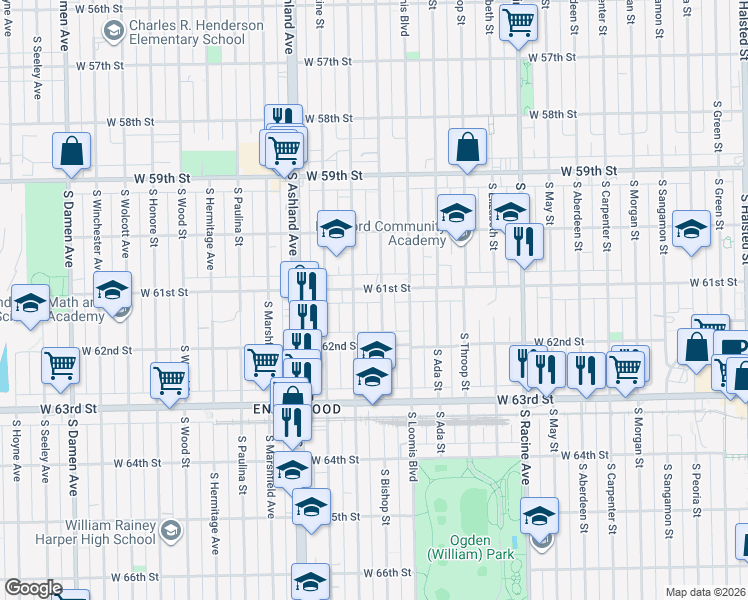 map of restaurants, bars, coffee shops, grocery stores, and more near 6123 South Laflin Street in Chicago