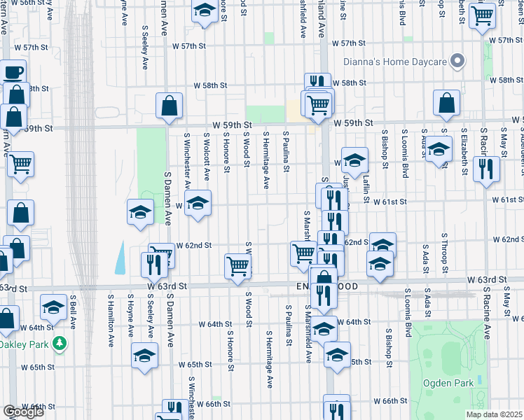 map of restaurants, bars, coffee shops, grocery stores, and more near 6117 South Wood Street in Chicago