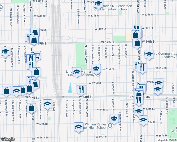 map of restaurants, bars, coffee shops, grocery stores, and more near 6117 South Damen Avenue in Chicago