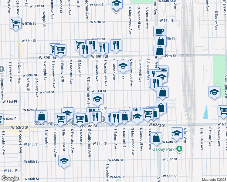 map of restaurants, bars, coffee shops, grocery stores, and more near 6106 South Talman Avenue in Chicago